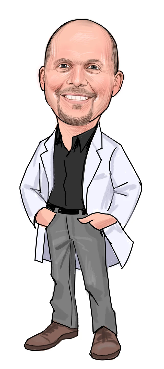 Illustration of Adam McHenry in a white laboratory coat
