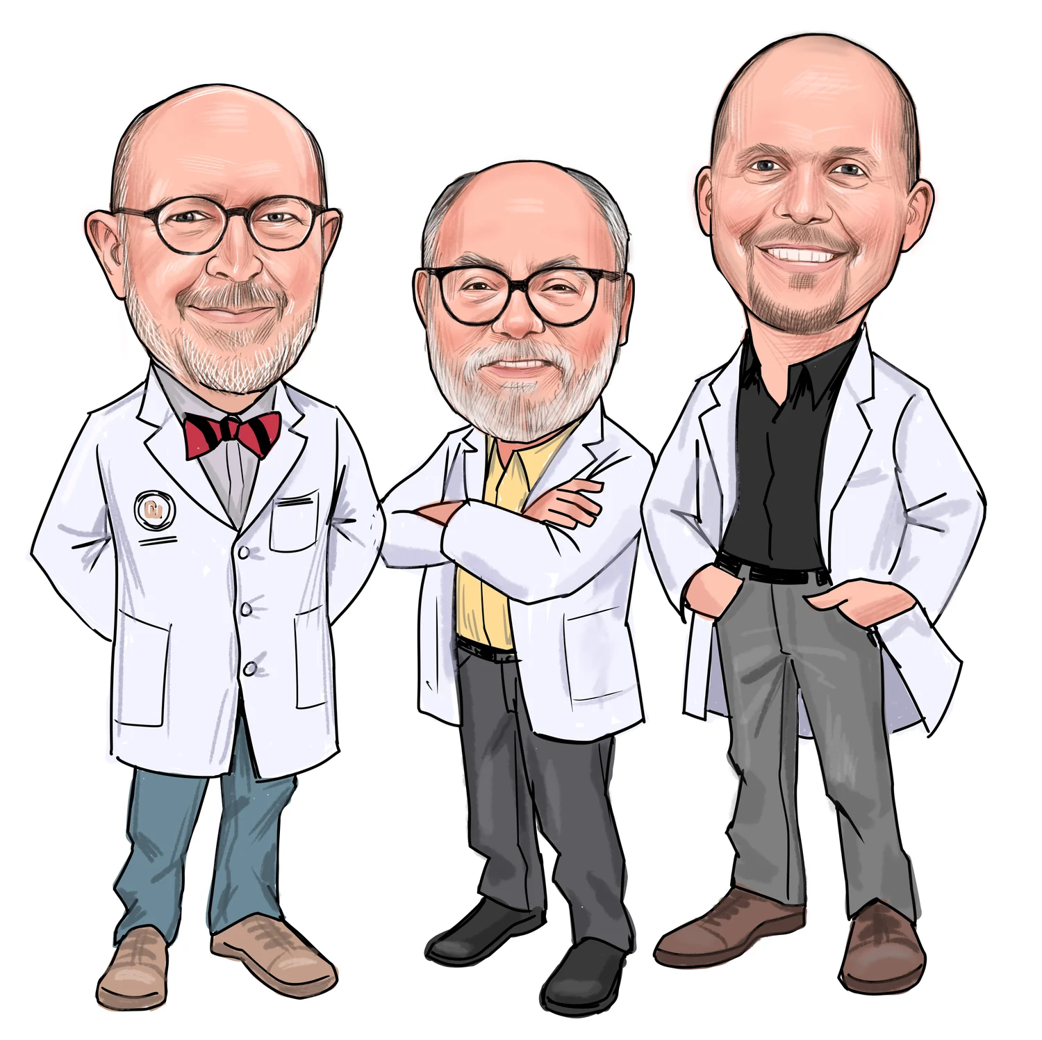Peter Rice, Mike Wempe, and Adam McHenry illustrated in white laboratory coats